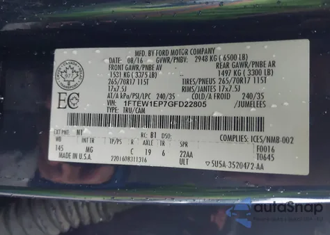 2016 Ford F-150 Xlt из США, поврежденный, VIN 1FTEW1EP7GFD22805